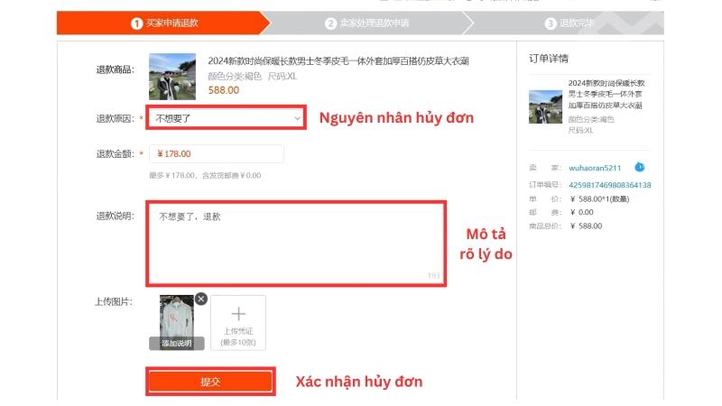 Chi tiết cách hủy đơn hàng Taobao khi không còn nhu cầu Chọn lý do hủy đơn, nhập thông tin chi tiết và xác nhận