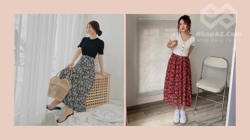 Mẹo phối đồ chuẩn gu với chân váy hoa nhí cho nàng Chân váy hoa nhí dáng dài