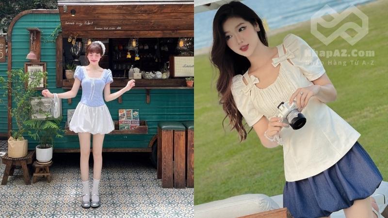 Chân váy bí phối với áo cổ vuông tay bồng