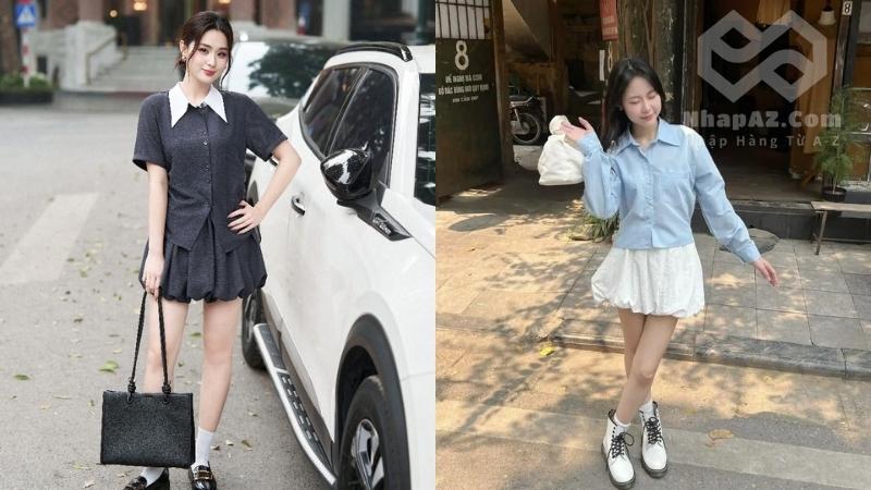 Chân váy bí phối với áo sơ mi croptop