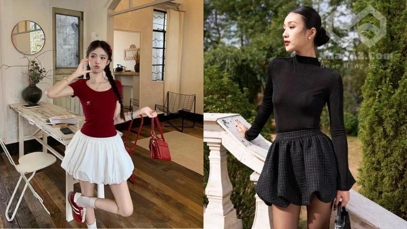 Chân váy bí phối với áo thun ôm sát 
