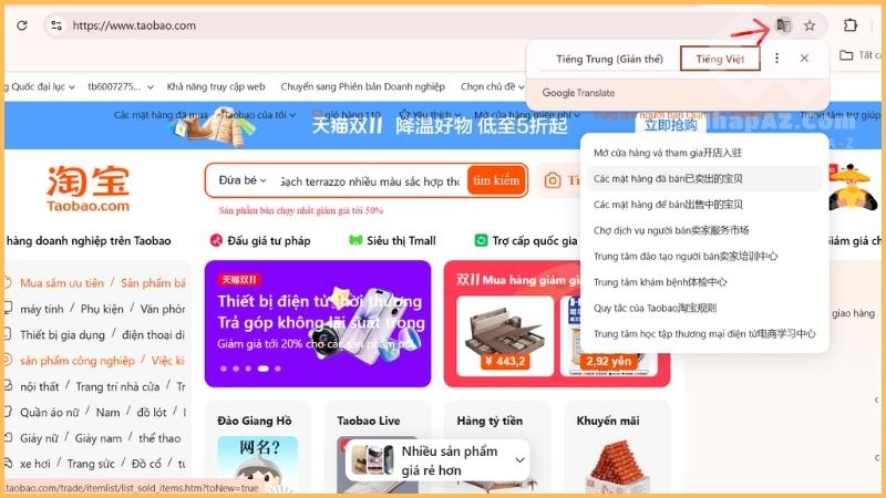 Cách đổi ngôn ngữ trên Taobao từ tiếng Trung sang tiếng Việt Chọn biểu tượng dịch ở phía trên góc phải màn hình