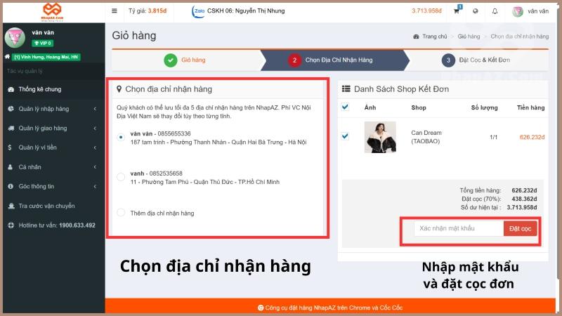 HƯỚNG DẪN NHẬP HÀNG TRUNG QUỐC TẠI NHAPAZ.COM Chọn địa chỉ nhận hàng và đặt cọc đơn hàng