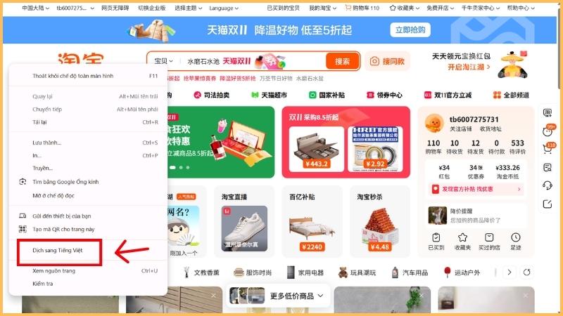 Cách đổi ngôn ngữ trên Taobao từ tiếng Trung sang tiếng Việt Chọn mục Dịch sang tiếng Việt