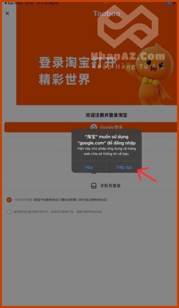 Hướng dẫn đăng ký tài khoản Taobao chi tiết từ A-Z cho người mới Bấm chọn Tiếp tục
