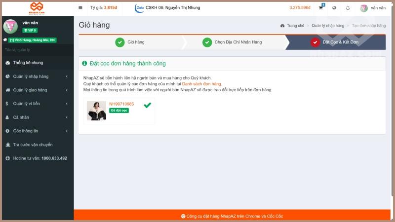 HƯỚNG DẪN NHẬP HÀNG TRUNG QUỐC TẠI NHAPAZ.COM Đặt cọc đơn thành công
