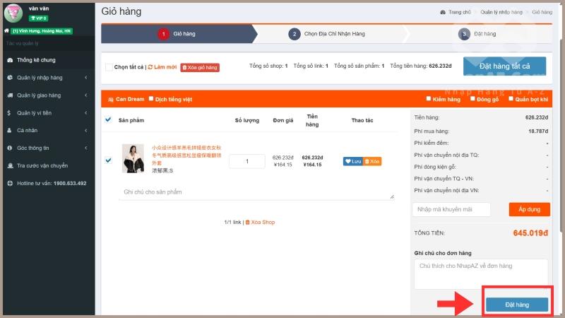 HƯỚNG DẪN NHẬP HÀNG TRUNG QUỐC TẠI NHAPAZ.COM Kiểm tra lại thông tin và đặt hàng