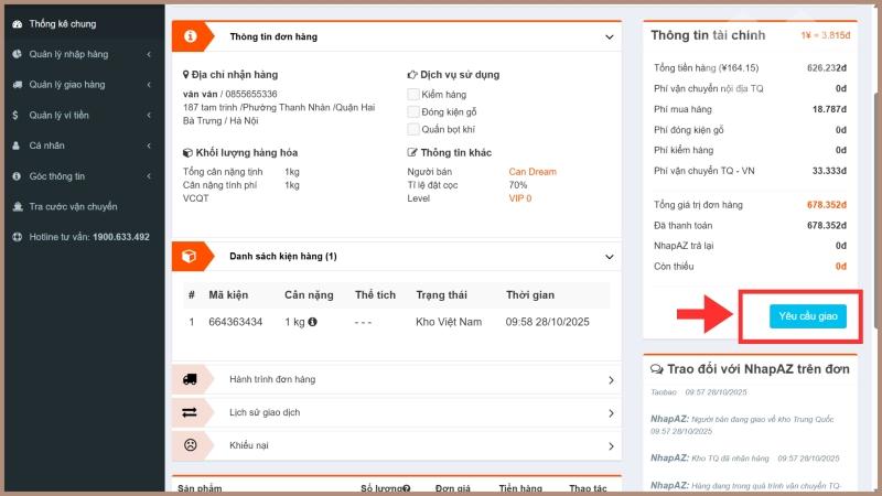 HƯỚNG DẪN NHẬP HÀNG TRUNG QUỐC TẠI NHAPAZ.COM Tiếp tục ấn chọn Tạo yêu cầu giao hàng
