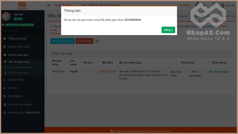 HƯỚNG DẪN NHẬP HÀNG TRUNG QUỐC TẠI NHAPAZ.COM Thông báo tạo yêu cầu giao hàng thành công