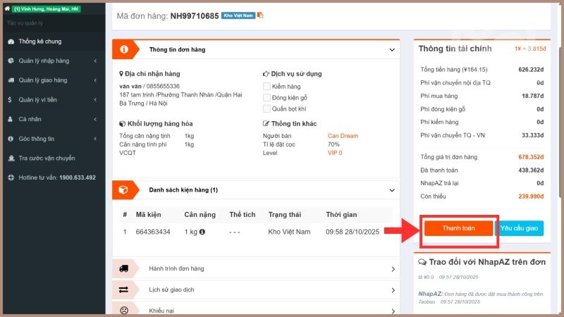 HƯỚNG DẪN NHẬP HÀNG TRUNG QUỐC TẠI NHAPAZ.COM Thanh toán số tiền còn lại