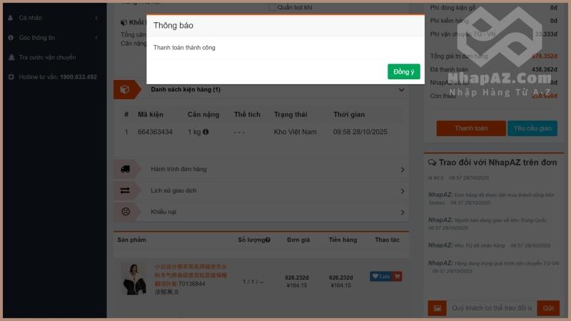 HƯỚNG DẪN NHẬP HÀNG TRUNG QUỐC TẠI NHAPAZ.COM Thông báo thanh toán thành công