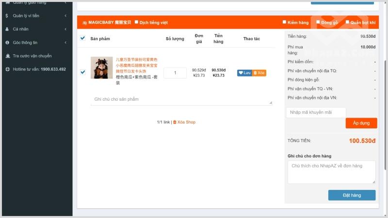 Hướng dẫn cách copy link sản phẩm trên Taobao để đặt hàng qua NhapAZ Kiểm tra lại thông tin và tiến hành đặt hàng