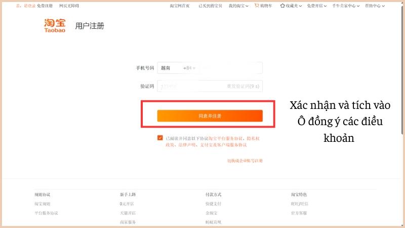 Hướng dẫn đăng ký tài khoản Taobao chi tiết từ A-Z cho người mới Tích vào ô đồng ý các điều khoản và bấm xác nhận