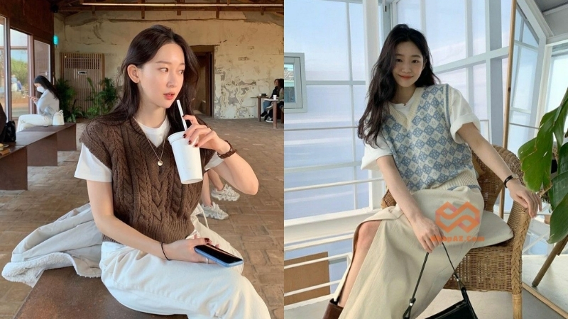 Kết hợp áo gile nữ với áo thun