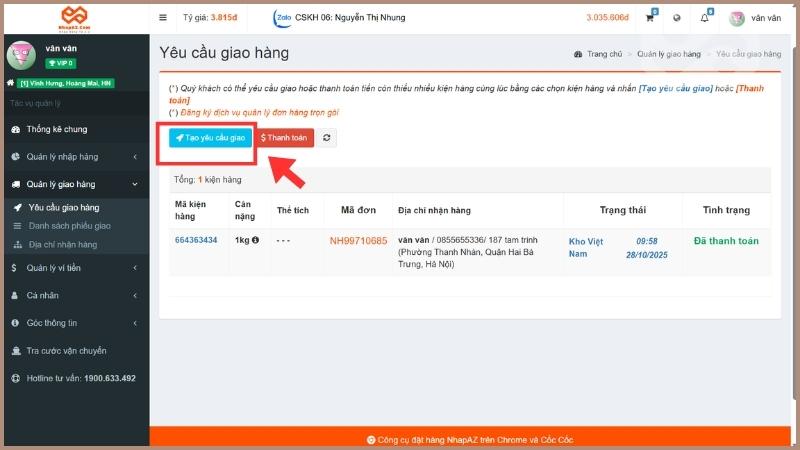 Tạo yêu cầu giao hàng 