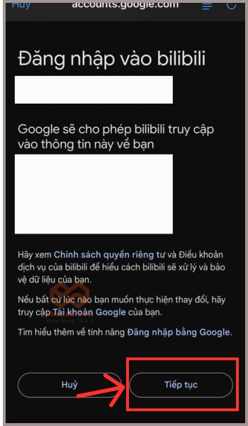 Ấn Tiếp tục để cho phép đăng nhập 