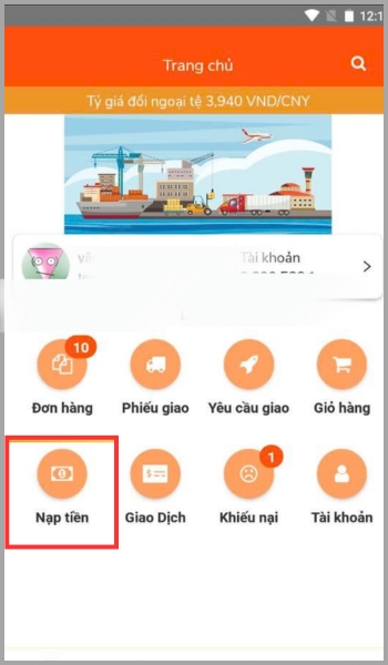 Hướng dẫn chi tiết cách đặt hàng Trung Quốc qua App NhapAZ Trên giao diện app chọn Nạp tiền