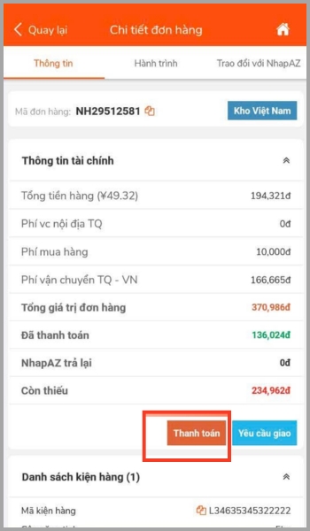 Hướng dẫn chi tiết cách đặt hàng Trung Quốc qua App NhapAZ Chọn Thanh toán