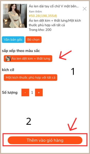 Hướng dẫn chi tiết cách đặt hàng Trung Quốc qua App NhapAZ Chọn thuộc tính sản phẩm