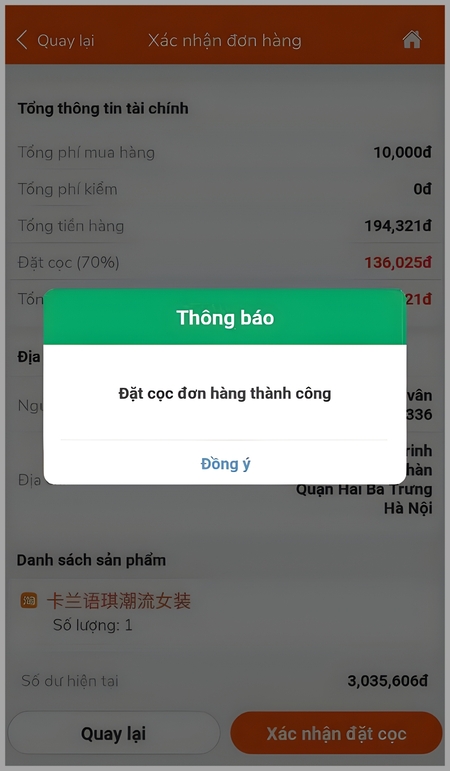Thông báo đặt cọc thành công 