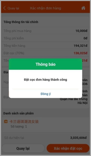 Hướng dẫn chi tiết cách đặt hàng Trung Quốc qua App NhapAZ Thông báo đặt cọc thành công