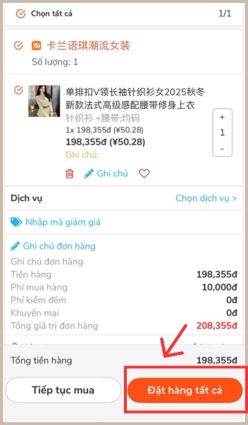 Hướng dẫn chi tiết cách đặt hàng Trung Quốc qua App NhapAZ Đặt hàng tất cả