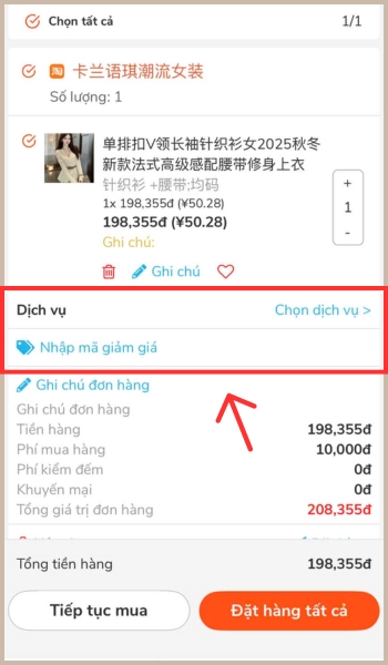 Hướng dẫn chi tiết cách đặt hàng Trung Quốc qua App NhapAZ Thông tin phí mua hàng được hiển thị