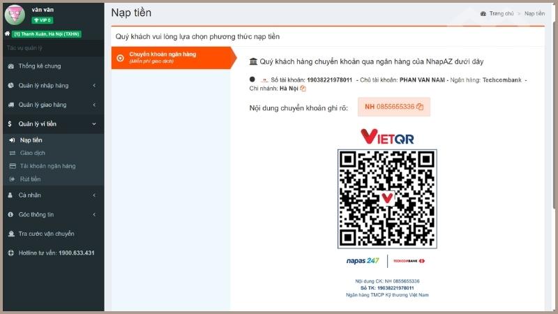 Nạp tiền theo hướng dẫn trên hệ thống 
