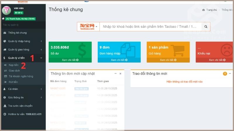 Chọn Quản lý ví tiền -> Nạp tiền 