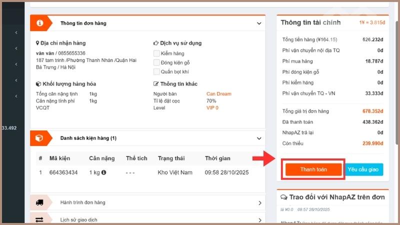 Tiến hành thanh toán số tiền còn lại 
