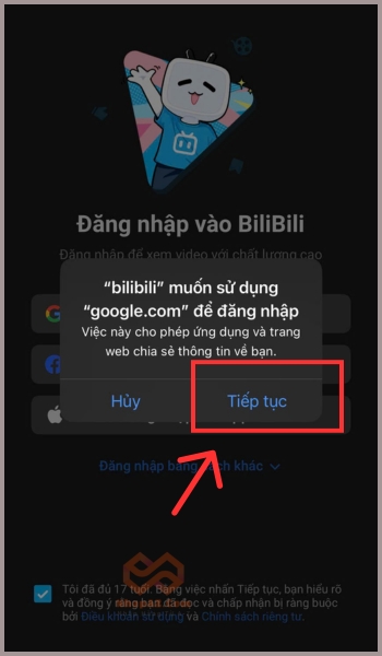 Chọn Tiếp tục để đồng ý 
