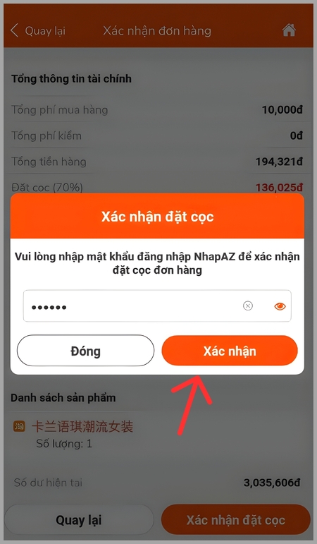 Tiếp tục chọn Xác nhận đặt cọc 