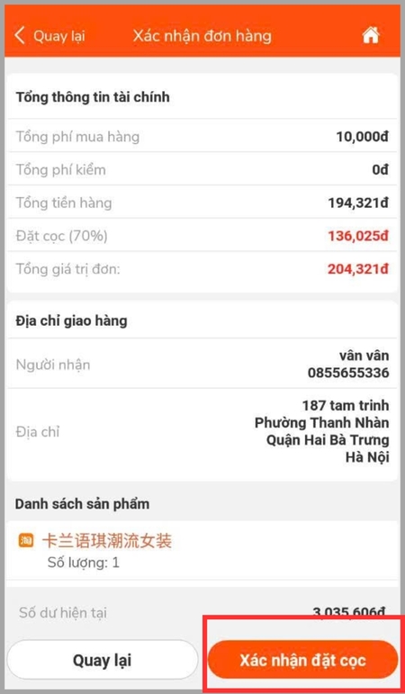Kiểm tra lại các chi phí và bấm Xác nhận đặt cọc 