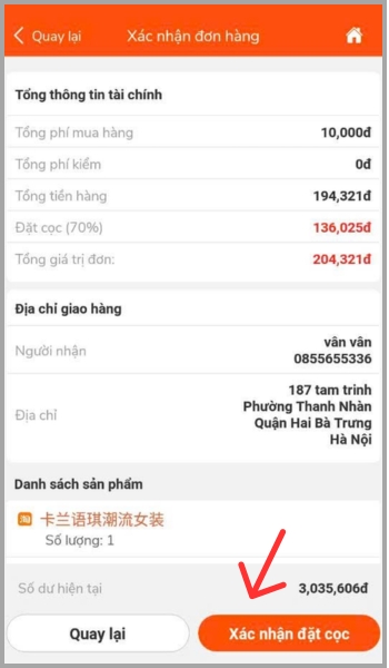 Hướng dẫn chi tiết cách đặt hàng Trung Quốc qua App NhapAZ Kiểm tra lại các chi phí và bấm Xác nhận đặt cọc