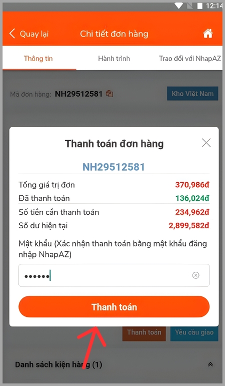Nhập mật khẩu và xác nhận thanh toán 
