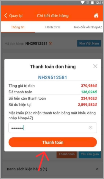 Hướng dẫn chi tiết cách đặt hàng Trung Quốc qua App NhapAZ Nhập mật khẩu và xác nhận thanh toán